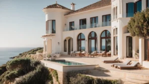 a luxurious villa overlooking the scenic coastline of portugal under a clear blue sky.