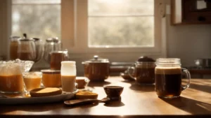 a cup of warm beverage sits next to a jar filled with coffee mushroom powder on a kitchen counter in the morning light.