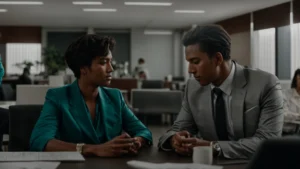 two people are sitting across from each other at a table with a mediator in a professional office setting.