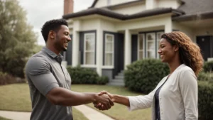 a smiling couple shaking hands with a real estate agent in front of a sold house sign.