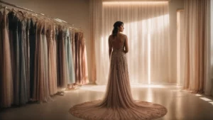 a woman stands elegantly in a spacious room, trying on a sleek, shimmering party dress that catches the light.