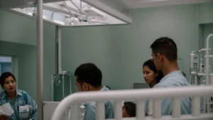 a newborn in a hospital crib with parents looking on, a worried expression on their faces.