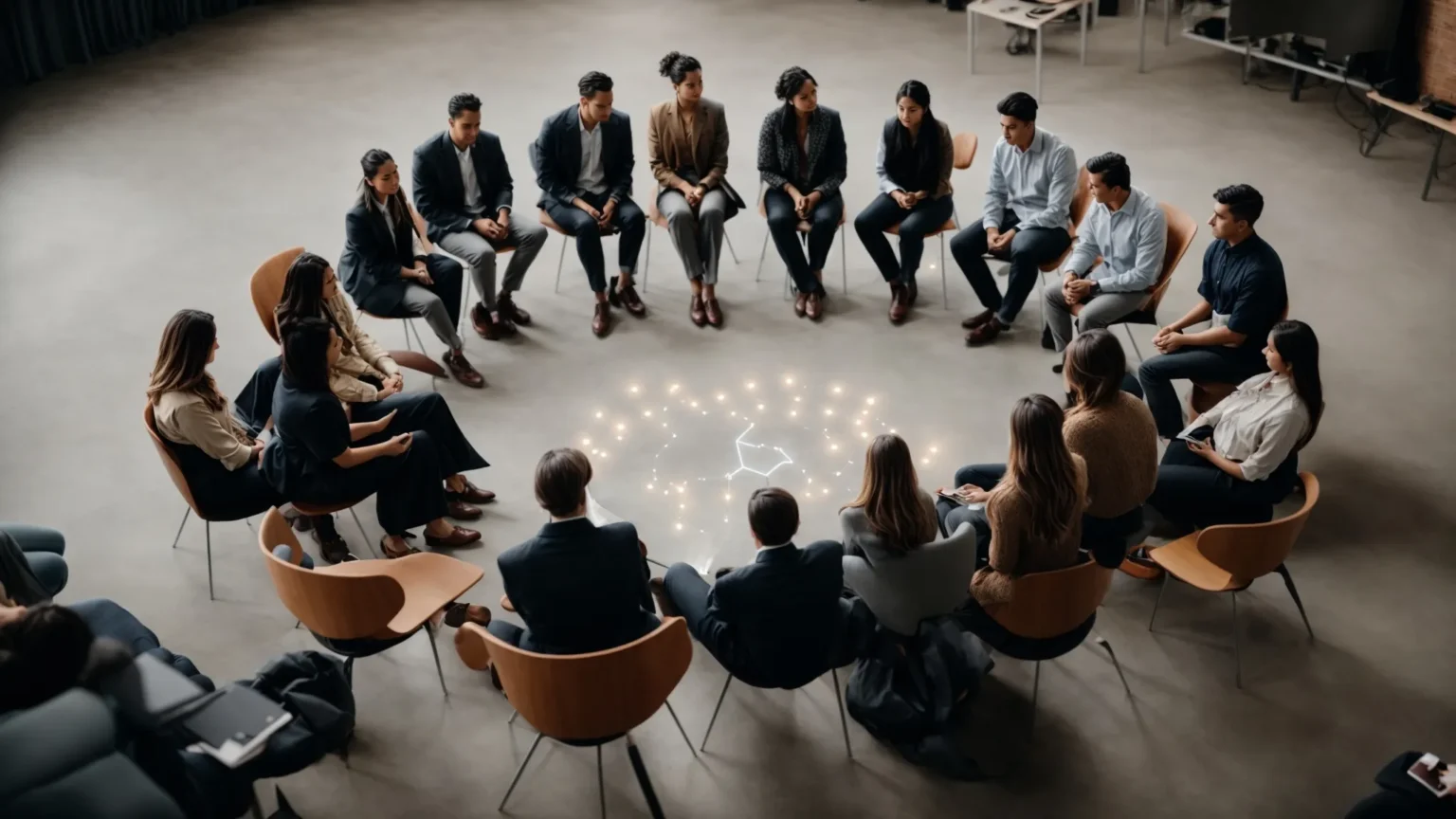 a group of individuals sitting in a circle during a workshop, with a focus on a chart that outlines various energy points and personality traits.