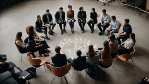 a group of individuals sitting in a circle during a workshop, with a focus on a chart that outlines various energy points and personality traits.