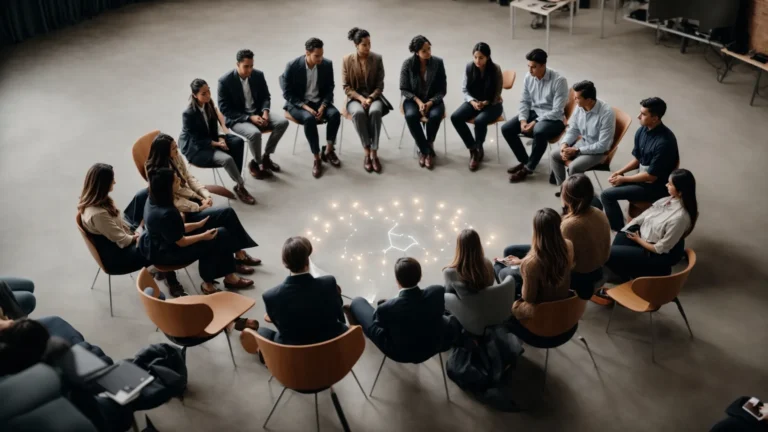 a group of individuals sitting in a circle during a workshop, with a focus on a chart that outlines various energy points and personality traits.