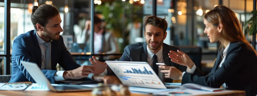 business professionals gathered around a table looking at charts and graphs on a laptop, discussing the integration of a knowledge management system with existing business processes.
