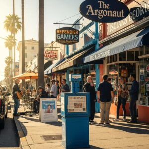 Local businesses in West Los Angeles with The Argonaut newspaper stand, highlighting community engagement