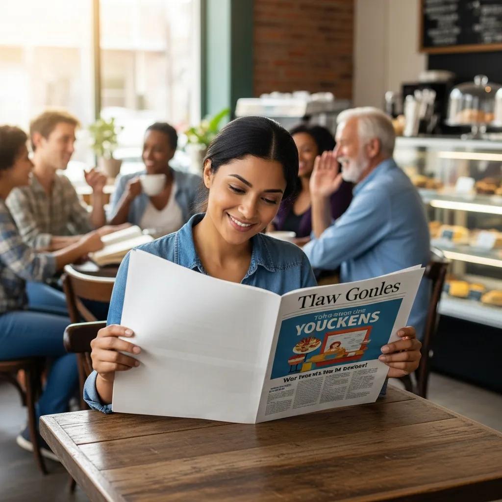 Small business owner reviewing local newspaper ads in a café, emphasizing community trust