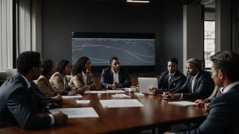 a group of diverse business owners gathers around a conference table, intently discussing a large screen displaying a flowchart.